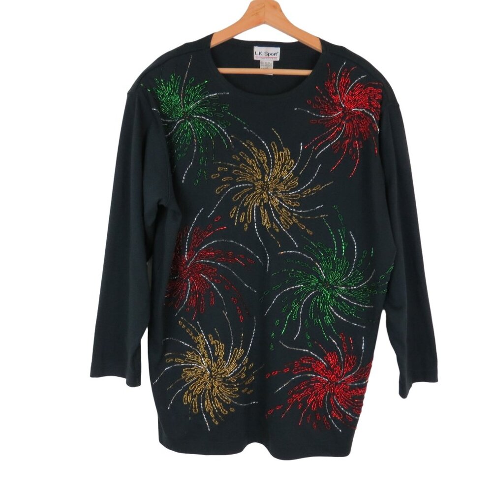 Vintage Women's Black Embellished Beaded Fireworks Knit Tunic Top Size 1X
